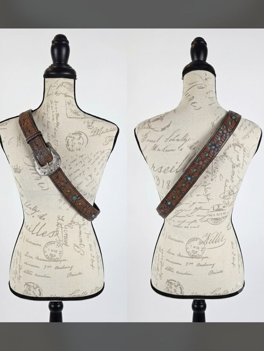 Western Belt Faux Brown with Turqouise Accents Silver-Toned Buckle 1.5"X48"